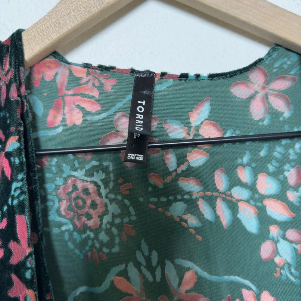 Torrid Women Ruana Burnout‎ Velvet Kimono O/S Green Floral Open Front Cardigan